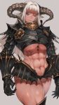  1girl armor bangs closed_mouth densen_(itoguchi) gauntlets grey_background highres horns long_hair muscle muscular_female navel original pauldrons pink_eyes pointy_ears shoulder_armor simple_background solo vambraces white_hair 
