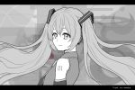  1girl greyscale hatsune_miku headset highres long_hair monochrome pami_a117 solo twintails upper_body very_long_hair vocaloid wowaka 