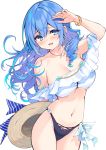  1girl bare_shoulders bikini bikini_bottom blue_eyes blue_hair blush breasts character_request cleavage collarbone cowboy_shot cu-no earrings eyebrows_visible_through_hair hair_between_eyes hat hisenkaede jewelry large_breasts long_hair looking_at_viewer midriff navel necklace open_mouth simple_background solo standing stomach swimsuit underboob white_background 