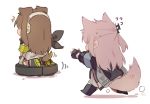  2girls anger_vein animal_ears armband black_jacket brown_hair chibi fingerless_gloves girls_frontline gloves headphones highres jacket long_hair long_sleeves m4a1_(girls_frontline) multiple_girls pink_hair roomba running simple_background sitting st_ar-15_(girls_frontline) tail vacuum_cleaner white_background yuutama2804 