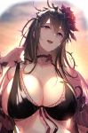  1girl absurdres backlighting bangs bare_shoulders bikini black_bikini blush breasts brown_hair choker cleavage collarbone commentary_request flower granblue_fantasy hair_between_eyes hair_flower hair_ornament highres kakage large_breasts long_hair looking_at_viewer open_mouth plant purple_eyes rose rosetta_(granblue_fantasy) smile solo strap_pull sunset swimsuit thorns vines wet 