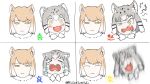  2girls ^_^ akicantsumikoto angry animal_ears bangs black_hair blush brown_hair cat_ears cat_girl closed_eyes closed_mouth crying crying_with_eyes_open expression_chart expressionless expressions eyebrows_visible_through_hair face fangs fox_ears fox_girl fur_collar furrowed_eyebrows grey_hair happy highres kemono_friends light_brown_hair light_smile medium_hair motion_blur multicolored_hair multiple_girls open_mouth pallas&#039;s_cat_(kemono_friends) parted_bangs sad smile tears tibbers translation_request twitter_username two-tone_hair white_hair wide-eyed yellow_eyes 