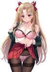  1girl bangs blonde_hair blush breasts brown_legwear cleavage collarbone collared_shirt contemporary crotch_seam dress_shirt ereshkigal_(fate/grand_order) fate/grand_order fate_(series) green_jacket harimoji jacket long_hair long_sleeves looking_at_viewer medium_breasts open_clothes open_jacket open_mouth open_shirt panties panties_under_pantyhose pantyhose parted_bangs pink_panties red_eyes red_skirt shirt simple_background skirt skirt_lift thighband_pantyhose thighs two_side_up underwear white_background white_shirt 