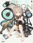  1girl absurdres barefoot blush bullet camera commentary_request english_text eyebrows_visible_through_hair feet girls_frontline grey_eyes grey_hair gun headphones highres holding holding_camera m200_(girls_frontline) open_mouth partial_commentary rifle scope shoes sitting sniper solo sweat tianliang_duohe_fangdongye tripod weapon 