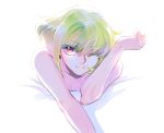  1boy bhh4321 eyebrows_visible_through_hair green_hair lio_fotia looking_at_viewer lying on_bed on_stomach one_eye_closed pov promare purple_eyes shirtless simple_background smile solo white_background 