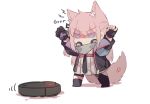  1girl anger_vein animal_ears armband black_jacket chibi fingerless_gloves girls_frontline gloves highres jacket long_hair long_sleeves necktie pink_hair roomba scarf simple_background solo st_ar-15_(girls_frontline) standing tail vacuum_cleaner white_background yuutama2804 