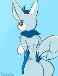  anthro blue_background breasts butt female fur hi_res looking_at_viewer meowstic nintendo pok&eacute;mon pok&eacute;mon_(species) simple_background solo video_games white_body white_fur 