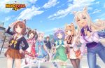  1boy 6+girls :d ^_^ animal_ear_fluff animal_ears azuki_(nekopara) bag bangs bell bell_collar belt between_breasts black_hair black_legwear blonde_hair blue_eyes blue_sky blunt_bangs bow breasts brown_eyes brown_hair brown_skirt cat_ears cat_girl cat_tail chocola_(nekopara) cinnamon_(nekopara) closed_eyes cloud coconut_(nekopara) collar commentary copyright_name day denim dress elbow_gloves eyebrows_visible_through_hair gloves green_eyes hair_between_eyes hand_on_hip heterochromia jeans jingle_bell logo long_hair long_sleeves low_twintails maple_(nekopara) minazuki_kashou minazuki_shigure multiple_girls necktie nekopara official_art open_mouth outdoors pants pantyhose plaid_neckwear platinum_blonde_hair pleated_skirt puffy_short_sleeves puffy_sleeves purple_hair sailor_collar sayori short_hair short_sleeves shoulder_bag skirt sky slit_pupils smile strap_between_breasts tail tail_bow thighhighs twintails two_side_up vanilla_(nekopara) very_long_hair white_hair white_legwear yellow_eyes 