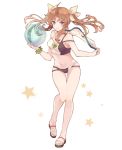  1girl ball bare_legs barefoot beachball bikini breasts brown_hair closed_mouth collarbone full_body green_scrunchie hair_between_eyes hair_ribbon highres holding holding_ball holding_beachball kagerou_(kantai_collection) kantai_collection long_hair multicolored multicolored_bikini multicolored_clothes navel purple_eyes remodel_(kantai_collection) ribbon sandals scrunchie shakemi_(sake_mgmgmg) small_breasts smile solo swimsuit toes twintails white_ribbon wrist_scrunchie 