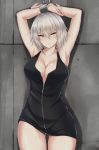  1girl ahoge armpits arms_up ass_visible_through_thighs bangs bare_arms bare_shoulders black_dress blush bound bound_wrists breasts cleavage clenched_teeth collarbone commentary_request cowboy_shot cuffs dress drop_shadow eyebrows_visible_through_hair fate/grand_order fate_(series) grey_hair hair_between_eyes highres jeanne_d&#039;arc_(alter)_(fate) jeanne_d&#039;arc_(fate)_(all) large_breasts looking_at_viewer piro_(prwtrs) restrained shackles short_hair sleeveless sleeveless_dress solo standing teeth thighs wall yellow_eyes 