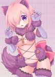  1girl animal_ears blush bow breasts claw_pose claws cleavage cowboy_shot craft_essence dangerous_beast elbow_gloves eyebrows_visible_through_hair fang fate/grand_order fate_(series) fur fur-trimmed_gloves fur-trimmed_legwear fur_collar fur_trim gloves hair_over_one_eye halloween highres jewelry lace lace-trimmed_legwear lavender_hair looking_at_viewer mash_kyrielight navel open_mouth pin pink_bow purple_eyes purple_gloves revealing_clothes shinonome86 short_hair solo tail type-moon underboob underwear wolf_ears wolf_tail 
