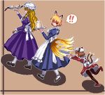  ! 3girls alternate_costume animal_ears apron black_footwear black_legwear blonde_hair blue_dress brown_background brown_hair cat_ears chen closed_eyes commentary_request dress enmaided fox_ears fox_tail full_body gap_(touhou) hat holding holding_tray juliet_sleeves long_hair long_sleeves looking_back maid mary_janes mob_cap multiple_girls multiple_tails open_mouth pantyhose pixel_art plate puffy_sleeves purple_dress red_dress red_footwear shoes short_hair simple_background spoken_exclamation_mark sunny_side_up_egg tail teapot touhou tray tripping two_tails unk_kyouso white_headwear white_legwear yakumo_ran yakumo_yukari 