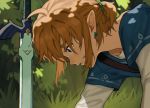  1boy blonde_hair blue_eyes blue_shirt crying crying_with_eyes_open earrings english_commentary forest jewelry liang_yuan_tu link long_sleeves low_ponytail male_focus master_sword nature pointy_ears shadow shirt short_over_long_sleeves short_sleeves solo sword tears the_legend_of_zelda the_legend_of_zelda:_breath_of_the_wild weapon 
