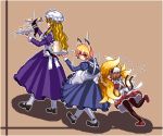 /\/\/\ 3girls alternate_costume animal_ears apron black_footwear black_legwear blonde_hair blue_dress brown_background brown_hair cat_ears catching chen closed_eyes commentary dress enmaided fox_ears fox_tail full_body gap_(touhou) hat holding holding_tray juliet_sleeves long_hair long_sleeves looking_back maid mary_janes mob_cap motion_lines multiple_girls multiple_tails pantyhose pixel_art plate puffy_sleeves purple_dress red_dress red_footwear shoes short_hair simple_background sunny_side_up_egg tail teapot touhou tray tripping two_tails unk_kyouso white_headwear white_legwear yakumo_ran yakumo_yukari 
