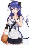  1girl :d absurdres arknights ball bangs bare_arms bare_shoulders basketball basketball_uniform black_shorts blue_eyes blue_hair clothes_writing collarbone commentary_request cowboy_shot eyebrows_visible_through_hair gradient gradient_background grey_background halo hand_on_own_chin hand_up highres holding holding_ball horns long_hair looking_at_viewer mango_(mgo) mostima_(arknights) open_mouth short_shorts shorts sleeveless smile solo sportswear standing tail white_background 