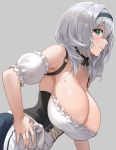  1girl apron armpits bare_shoulders braid breasts bustier cleavage detached_collar detached_sleeves frills green_eyes grey_background hairband highres hololive hololive_fantasy large_breasts mole mole_on_breast nhaliz shirogane_noel short_hair silver_hair smile virtual_youtuber 