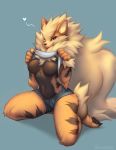  &lt;3 2020 anthro arcanine arm_tuft black_body black_fur black_pawpads black_stripes blep bottomwear breasts chest_tuft clothed clothing clothing_lift crotch_tuft elbow_tufts falvie featureless_breasts female fluffy fluffy_tail fur hi_res hotpants kneeling looking_at_viewer minishorts navel neck_tuft nintendo orange_body orange_fur pawpads pok&eacute;mon pok&eacute;mon_(species) shirt shirt_lift shorts solo striped_body striped_fur stripes tan_body tan_fur tongue tongue_out topwear tuft video_games 