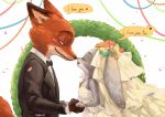  2016 absurd_res anthro blush bride canid canine captain_an clothed clothing dialogue disney dress duo english_text female flower fox fully_clothed fur grey_body grey_fur groom hi_res jewelry judy_hopps lagomorph leporid looking_at_another male mammal necklace nick_wilde orange_body orange_fur petals plant rabbit red_fox smile speech_bubble suit text wedding_dress white_body white_fur zootopia 