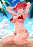  1girl :p armpits arms_behind_head barefoot beach bikini blue_sky blush breasts cloud eyebrows_visible_through_hair flower hair_between_eyes hair_flower hair_ornament heterochromia highres hololive houshou_marine large_breasts looking_at_viewer naughty_face navel outdoors red_bikini red_eyes red_hair sand short_hair side-tie_bikini sitting sky solo summer sunlight swimsuit takurowo tongue tongue_out twintails virtual_youtuber wariza yellow_eyes 