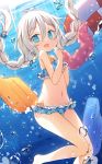  1girl :d air_bubble bangs bare_arms bare_legs bare_shoulders barefoot bikini blue_bikini blue_eyes blush braid bubble commentary_request day eyebrows_visible_through_hair floating_hair fred04142 groin hair_between_eyes highres innertube kickboard kokkoro_(princess_connect!) kokkoro_(real)_(princess_connect!) long_hair looking_at_viewer navel open_mouth outdoors plaid plaid_bikini princess_connect! princess_connect!_re:dive smile solo swimsuit towel twin_braids twintails underwater water 