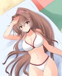  1girl bikini breasts brown_hair cherry_blossoms cleavage commentary_request cowboy_shot flower from_behind hair_flower hair_ornament hands_on_own_head icesherbet kantai_collection large_breasts long_hair looking_at_viewer lying ponytail smile solo swimsuit twitter_username white_bikini yamato_(kantai_collection) 