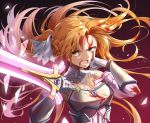  1girl acso asuna_(sao) bangs blood blood_on_face bloody_clothes braid breastplate breasts brown_eyes brown_hair cleavage commentary_request detached_sleeves floating_hair gloves gradient gradient_background hair_ornament hair_ribbon highres holding holding_sword holding_weapon long_hair looking_at_viewer lower_teeth medium_breasts open_mouth red_background ribbon solo sword sword_art_online sword_art_online:_alicization weapon white_gloves white_ribbon 