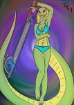  anthro breasts clothed clothing cobra colored_nails female green_body green_scales hi_res immoveableguide kiwi_(immoveableguide) looking_at_viewer nails non-mammal_breasts red_eyes reptile scaile scales scalie simple_background smile snake snake_hood solo toenails topwear underwear 