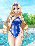  1girl blonde_hair blue_eyes blue_sky blue_swimsuit breasts cecilia_alcott chain-link_fence cloud collarbone commentary_request competition_swimsuit cowboy_shot day fence hairband hand_on_own_chest infinite_stratos large_breasts long_hair looking_at_viewer one-piece_swimsuit outdoors pool pool_ladder shiny shiny_clothes sky solo swimsuit tree yurinozuku1112 