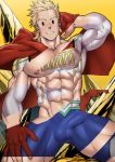  1boy abs absurdres armpits bara blonde_hair blue_eyes bodysuit boku_no_hero_academia bulge chest erection erection_under_clothes highres looking_at_viewer male_focus muscle nipples pectorals solo suyobara thick_thighs thighs toogata_mirio torn_bodysuit torn_clothes upper_body 