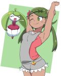  1girl :d ;) ^_^ arm_up armpits bubukka closed_eyes closed_mouth collarbone dark_skin gen_7_pokemon green_eyes green_hairband hairband long_hair looking_at_another mao_(pokemon) one_eye_closed open_mouth pokemon pokemon_(creature) pokemon_(game) pokemon_sm smile steenee twintails 