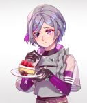  1girl absurdres cake chinese_commentary commentary_request contender_(girls_frontline) eating eyebrows_visible_through_hair eyes_visible_through_hair food fork fruit girls_frontline gloves grey_hair highres plate purple_eyes ren_huozhe short_hair solo strawberry white_background 