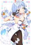  1girl akae_neo animal_ear_fluff animal_ears bangs bare_shoulders black_gloves black_leotard blue_hair blush bow braid breasts brown_legwear bunny_ears carrot_hair_ornament cleavage commentary_request don-chan_(hololive) dress eyebrows_visible_through_hair food_themed_hair_ornament fur-trimmed_dress fur-trimmed_gloves fur_trim gloves grin hair_bow hair_ornament highres hololive leotard long_hair looking_at_viewer medium_breasts multicolored_hair one_eye_closed pantyhose red_eyes short_eyebrows smile strapless strapless_dress strapless_leotard teeth thick_eyebrows twin_braids twintails two-tone_hair usada_pekora v v_over_eye virtual_youtuber white_bow white_dress white_hair 