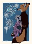  2020 anthro asian_clothing blue_background border canid canine clothed clothing disney duo east_asian_clothing fireworks fox fully_clothed fur grey_body grey_fur hi_res holding_object japanese_clothing judy_hopps kimono lagomorph leporid looking_at_viewer looking_back mammal mochicco nick_wilde rabbit red_fox simple_background smile white_border zootopia 