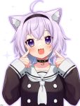  1girl :3 :d ahoge animal_ear_fluff animal_ears bangs black_collar black_hairband black_shirt blush breasts cat_ears collar commentary_request eyebrows_visible_through_hair fang hair_between_eyes hairband hands_up highres hololive long_sleeves looking_at_viewer nekomata_okayu open_mouth purple_eyes purple_hair purple_outline sailor_collar sakura_chiyo_(konachi000) school_uniform serafuku shirt sleeves_past_wrists small_breasts smile solo sparkle upper_body virtual_youtuber white_background white_neckwear white_sailor_collar 