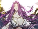 1girl breasts cleavage collarbone commentary fate/grand_order fate_(series) gorgon_(fate) highres huge_breasts koshika_rina long_hair looking_at_viewer parted_lips purple_eyes purple_hair scales simple_background slit_pupils solo upper_body very_long_hair white_background wings 