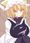  1girl bianco_(mapolo) blonde_hair breasts closed_mouth dress fox_tail frilled_hat frilled_shirt_collar frilled_sleeves frills hat large_breasts long_sleeves looking_at_viewer multiple_tails pillow_hat short_hair solo tabard tail touhou white_dress white_frills white_headwear wide_sleeves yakumo_ran yellow_eyes 