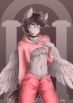  2018 absurd_res anthro black_mane black_tail blue_eyes bottomwear choker clothing equid equine feathered_wings feathers fur grey_body grey_feathers grey_fur hasbro hi_res hoodie jewelry looking_at_viewer male mammal mane meme my_little_pony navel necklace pants pegasus pink_bottomwear pink_clothing pink_hoodie pink_pants simple_background solo sparklyon3 spectrum_storm topwear twitter_hoodie wings 
