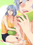  1girl bangs bare_shoulders barefoot blue_eyes blush breasts cleavage close-up closed_eyes cutoffs denim denim_shorts eating english_commentary feguimel food fruit hair_between_eyes highres holding holding_knife karina_(feguimel) knife large_breasts long_hair looking_to_the_side melon open_mouth orange_tank_top original pink_lips short_shorts shorts silver_hair sitting smile tank_top teeth thighs toes tongue 