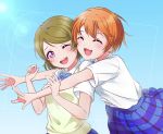  2girls :d absurdres bangs bow bowtie brown_hair closed_eyes commentary_request dress_shirt eyebrows_visible_through_hair highres hoshizora_rin hug hug_from_behind koizumi_hanayo love_live! love_live!_school_idol_project multiple_girls one_eye_closed open_mouth orange_hair otonokizaka_school_uniform partial_commentary plaid plaid_skirt purple_eyes school_uniform shiny shiny_hair shirt shirt_tucked_in short_hair simple_background skirt smile striped striped_neckwear sunlight sweater_vest swept_bangs tongue torakichi upper_body upper_teeth 