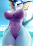  2020 anthro big_breasts blue_body blush breasts clothing ear_fins eeveelution eyelashes female fin frill_(anatomy) hi_res neck_frill nintendo one-piece_swimsuit outside pok&eacute;mon pok&eacute;mon_(species) sky smile swimwear text url v-tal vaporeon video_games water wide_hips 