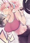  1girl bangs bare_shoulders blush breasts cleavage commentary_request hair_ornament hairclip highres hyocorou kyouka_jinrui_amunero midriff navel pink_eyes pink_hair ponytail solo sports_bra sweat trembling weightlifting 