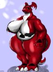  belly big_breasts bigshow breasts digimon digimon_(species) dragon female guilmon hi_res huge_breasts hyper hyper_breasts leaking lips milk nipples non-mammal_breasts overweight overweight_female reptile scalie solo toei toei_animation wide_hips 