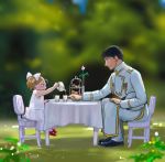  1boy 1girl age_difference alternate_color amestris_military_uniform artist_name black_eyes black_footwear black_hair blurry blurry_background chair child closed_mouth cup cupcake day dessert dress drink elicia_hughes flower food from_side full_body fullmetal_alchemist garden grass hand_on_lap hand_up happy hat holding holding_teapot leaf leaning leaning_forward light_brown_hair looking_down mary_janes military military_hat military_uniform outdoors outstretched_arm pink_flower pink_rose plant pouring profile red_footwear rose roy_mustang shoes sleeveless sleeveless_dress smile table tablecloth tareme tea tea_set teacup teapot tiered_tray twintails uniform urikurage vase white_dress white_headwear 