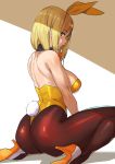  1girl animal_ears ashiomi_masato blonde_hair blue_eyes brown_legwear bunny_ears bunny_girl bunny_tail bunnysuit commentary_request detached_collar fake_animal_ears fake_tail from_behind guilty_gear guilty_gear_xrd high_heels leotard millia_rage pantyhose solo strapless strapless_leotard tail yellow_leotard 