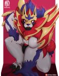  absurd_res anthro anthrofied black_claws black_clothing black_underwear blue_body blue_fur blue_nose bulge claws clothing crouching crowned_shield_zamazenta fur hi_res legendary_pok&eacute;mon looking_at_viewer male muscular muscular_anthro muscular_male naughtybigdog nintendo patreon pok&eacute;mon pok&eacute;mon_(species) pok&eacute;morph red_body red_fur sharp_teeth solo teeth text toe_claws underwear url video_games yellow_eyes zamazenta 