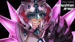  1girl armor black_background character_name chupirinko clawed_gauntlets commentary english_text gauntlets gloves goggles goggles_around_neck half-closed_eyes headgear highres long_hair looking_at_viewer pauldrons pink_hair purple_eyes purple_gloves senki_zesshou_symphogear senki_zesshou_symphogear_xd_unlimited shoulder_armor smirk solo spikes twintails v-shaped_eyebrows yukine_chris 