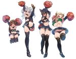  4girls absurdres animal_ears arm_up armpits arms_up bangs black_hair black_panties blonde_hair blush braid breasts breath brown_eyes brown_hair cameltoe cheerleader cleavage cleavage_cutout commentary_request covered_nipples draph drill_hair elbow_gloves embarrassed erune fraux g-string gloves granblue_fantasy grey_hair haaselia harigane_shinshi harvin heart_cutout highres horns jumping long_hair looking_at_viewer maria_theresa_(granblue_fantasy) microskirt midriff multiple_girls navel nier_(granblue_fantasy) panties pom_poms red_eyes revealing_clothes simple_background skirt split standing standing_on_one_leg standing_split sweat thighhighs thong tiara underboob underwear white_background 