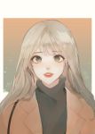  1girl absurdres brown_coat coat eyebrows_visible_through_hair green_eyes grey_hair grey_sweater highres lipstick long_hair looking_at_viewer makeup original oyabuli parted_lips red_lipstick smile solo sweater symbol_commentary upper_body 