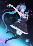  1girl :d absurdres armpits black_bow black_dress black_legwear blue_eyes blue_hair blue_neckwear bow dress gloves hair_bow hand_up hatsune_miku headphones heart high_heels highres holding holding_microphone looking_at_viewer makuhari-chan microphone necktie one_eye_closed open_mouth oyabuli round_teeth saturn_(planet) smile solo space string string_of_fate teeth thighhighs twintails upper_teeth vocaloid white_gloves 