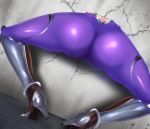  1girl akiyama_rinko ass back_cutout bodysuit cracked_wall fishnet_bodysuit fishnets glory_wall high_heels highres leg_armor ninja no1218 purple_bodysuit solo spread_legs stuck taimanin_(series) taimanin_suit taimanin_yukikaze through_wall tile_floor tiles trembling 